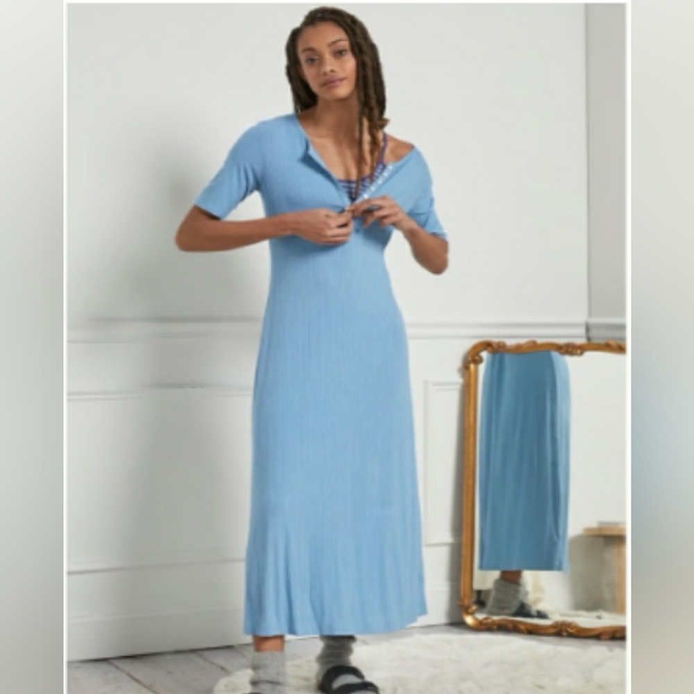 Anthropologie Dolan Orla Henley Ribbed Blue Maxi Dress Size Small